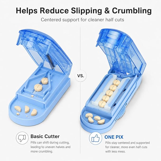 ONE PIX Pill Cutter Splitter for Small and Tiny Pills, Multiple Pill Splitter with Centering Device & Hidden Blade, Adjustable Tablet Cutter for Large Pills, Seniors, Pets, Blue