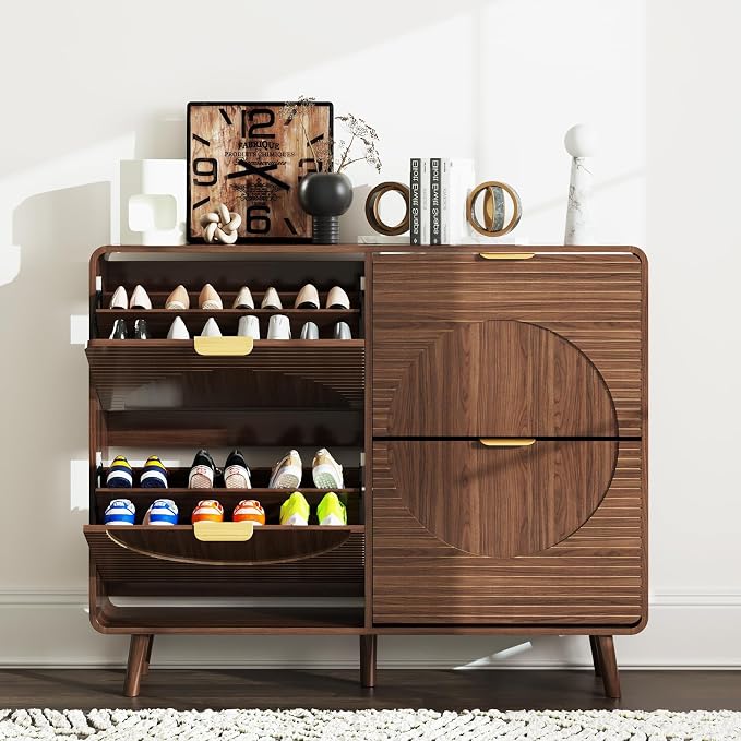 Shoe Storage Cabinet with 4 Flip Drawers for Entryway, 47.4" Freestanding Hidden Shoe Rack Cabinet, Narrow Shoe Organizer for Hallway, Foyer (Walnut, 4 Doors)