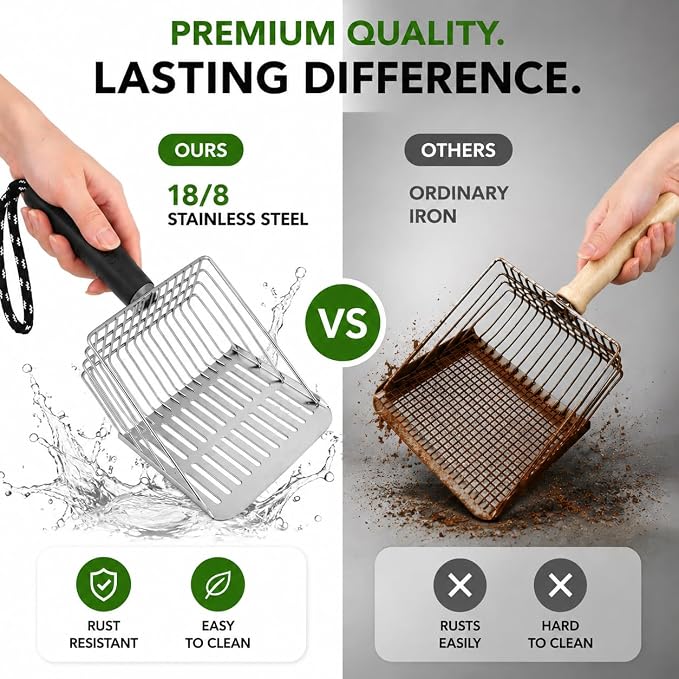 [2026 Version]18/8 Stainless Steel Cat Litter Scoop-Efficient Metal Cat Litter Scooper with Holder, Heavy Duty Litter Sifter, Pooper Scooper Kitty Litter Box-Cat Scooper for Litter Box Cleaning