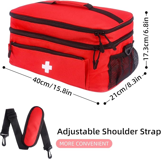 First Aid Bag Empty Large 16x8.3x7 inch with Adjustable Shoulder Strap, Medical Organizer for Pet First Aid Kits, Home Travel Camping Emergency Supplies Storage (Red)