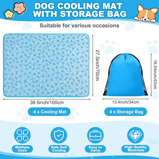 Hahafelt 4 Pack Dog Cooling Mat with Storage Bag 40" x 28" Blue Ice Silk Cooling Mat for Dogs Cats Washable Foldable Pet Sleeping Pad for Crate Bed Indoor and Outdoor Floor
