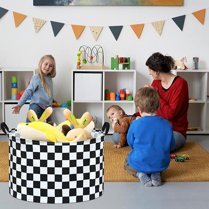 Checkered Storage Basket Extra Large 80L Kids Hamper Baby Laundry Basket Waterproof Toys Car Organizer Collapsible Canvas for Home/Dorm/Pet/Office/Closet/Shelf/Gift Baskets