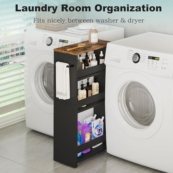 MARTY Slim Rolling Storage Cart 7.9" W Laundry Cart with Wheels,Brown+Black | Narrow Utility Cart Between Washer and Dryer, 3 Tier Mobile Shelving Unit for Kitchen, Laundry, Bathroom, Office, Living Room