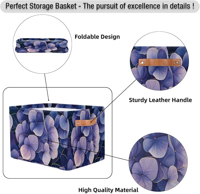 Purple Lilac Floral Storage Baskets with Handles Fabric Storage Boxes Collapsible Nursery Basket for Shelf Book Cloth 15 X 11 X 9.5 IN Closet Organizer Bins