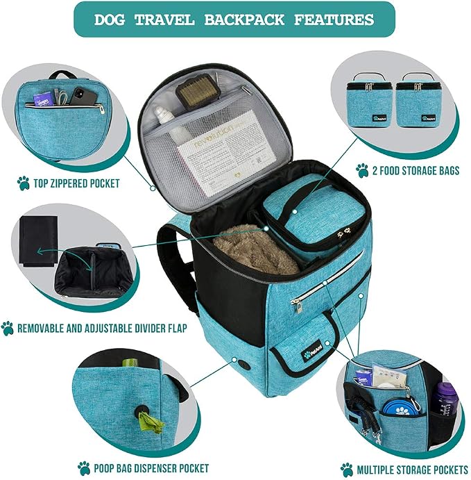 PetAmi Dog Travel Backpack 27L Airline Approved Pet Supplies Bag, Teal Blue | Cat Traveling Suitcase Organizer for Weekend Road Trip Camping; 2 Food Containers, 2 Collapsible Bowls & Poop Bag Dispenser
