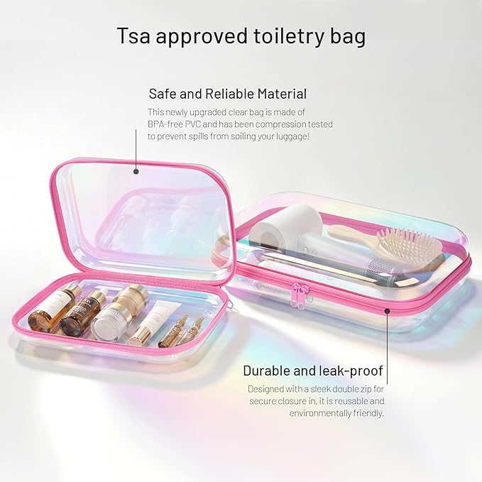 Clear Hard Shell Organizer Cases, 2 Pack | Iridescent PET shell with water-resistant, scratch-resistant surface for travel, toiletries, electronics and daily essentials