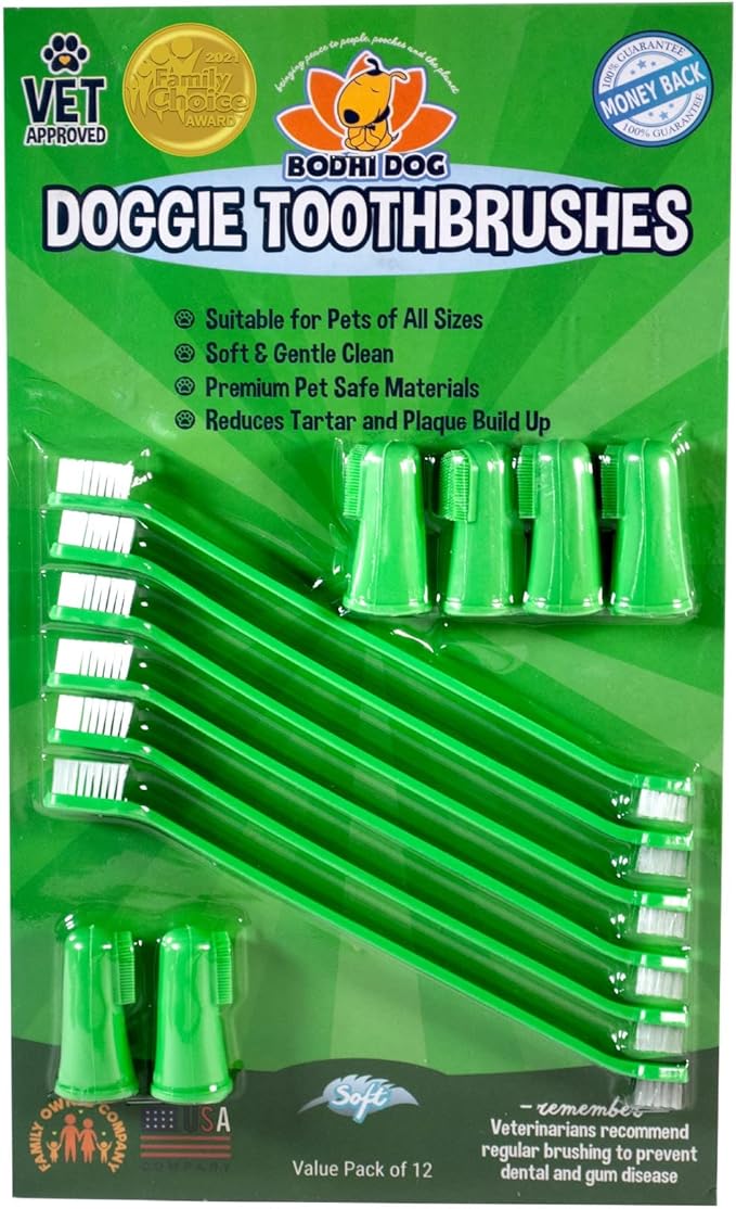 Bodhi Dog Toothbrush Combo Pack - Soft Finger & Dual-Ended Brushes - Gentle Bristles for Dogs & Cats - Easy Teeth Cleaning (6 Long & 6 Finger)