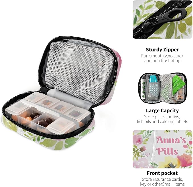 Custom Pill Box 7 Day Pill Case Bag Watercolor Floral Personalized Name Travel Pill Organizer Bag with Zipper Portable Weekly Case Compact Size for Vitamin Supplement Holder