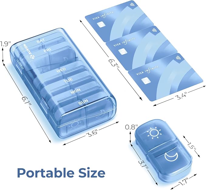 AUVON Weekly Pill Organizer 2 Times a Day, One-Side Large Opening, Easy‑Use | XL AM PM Pill Case, Travel Pill Box 7 Day, Medication Organizer for Medications, Vitamins, Fish Oils, Supplements, Ocean Blue