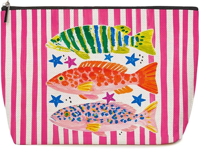 Lovdazzles Colors Preppy Fish Print Makeup Bag Pink Stripes Cosmetic Bag Gifts for Women
