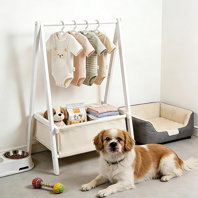 Baby Clothing Rack for Baby Shower, Pets Clothes Rack with Storage Box & Hanging Rod for Dogs/Cats, Mini Dolls Closet Rack, Bamboo Baby Shower Rack for Nursery Room (White)