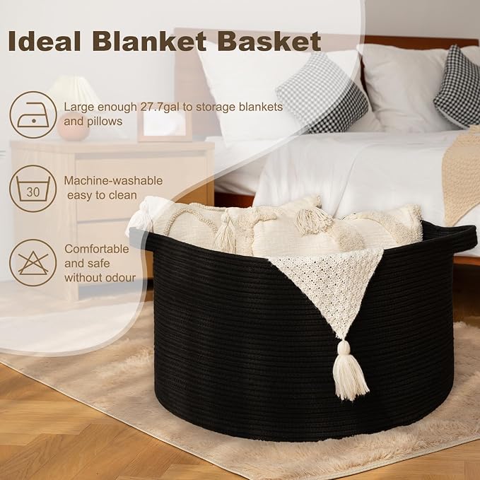 OIAHOMY 105L Extra Large Blanket Basket - Decorative Cotton Rope Storage Basket for Bedroom, Living Room & Nursery - Woven Laundry Hamper for Organizing Blankets, Clothes & Toys - Black