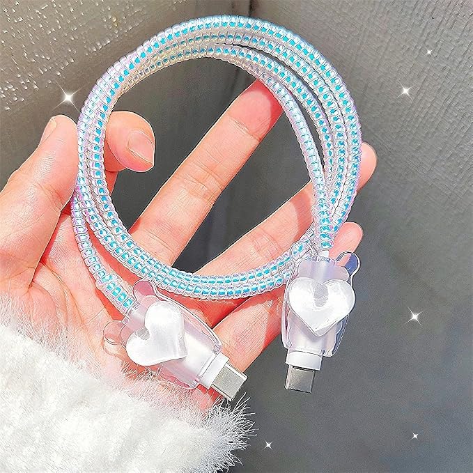 Cute Charging Cord Protector for iPhone Charger Adapter,Sparkle Bowknot Plating with 3D White Love Heart Design,DIY Soft Cable Protector Data Cable Saver for Women Girls iPad 18W/20W Charger Cover