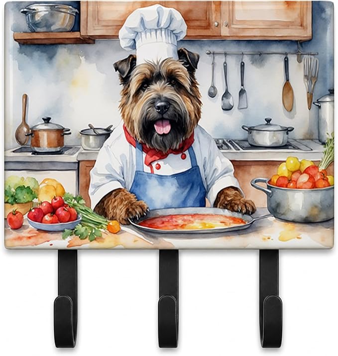 Caroline's Treasures Bouvier des Flandres The Chef Leash or Key Holder Wall Hooks, Key Hooks Holder, Coat Rack Wall Mount, Coat Hooks, Hooks for Hanging Keys, Towels, Aprons, Leashes | Bouvier des Flandres The Chef artwork on ceramic tile with three st...