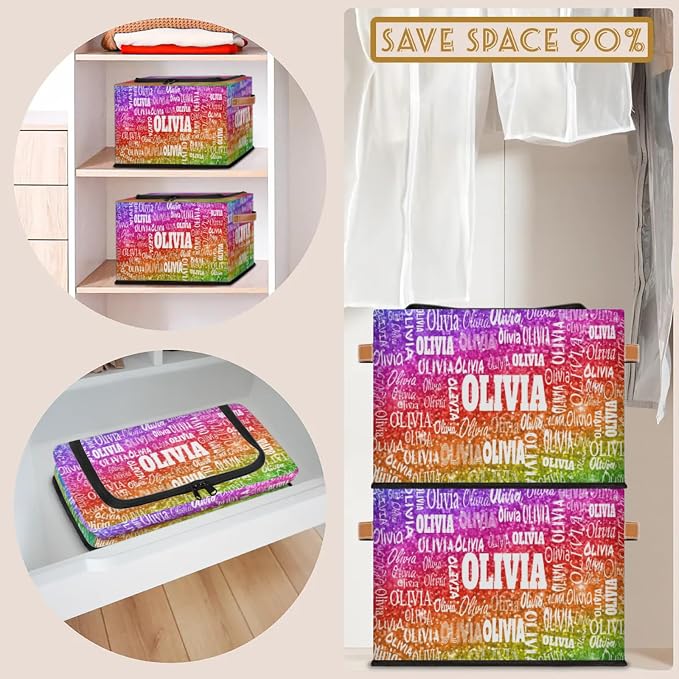Personalized Storage Basket with Name, Rectangle Toys Storage Bin with Handles Zipper Lid for Girls, Collapsible Basket for Clothes, Books, Bright Colorful Rainbow Red Green Purple Sequins Glitter