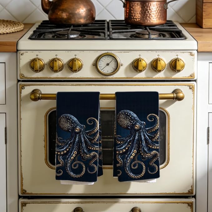 2PCS Goth Octopus Kitchen Towels 14x24 Inch, Absorbent Microfiber Decorative Dish Cloth Tea Towel, Dark Style Octopus Waffle Hand Towels for Kitchen Home Bathroom, Housewarming Gifts for Women