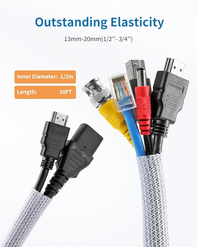 Yecaye 30ft - 1/2 inch Cord Protectors from Pets no Chew, White | Split Cable Management Sleeves, Wire Loom Tubing for TV USB Cord Protector, Cord Covers for Pets Bite-Resistant