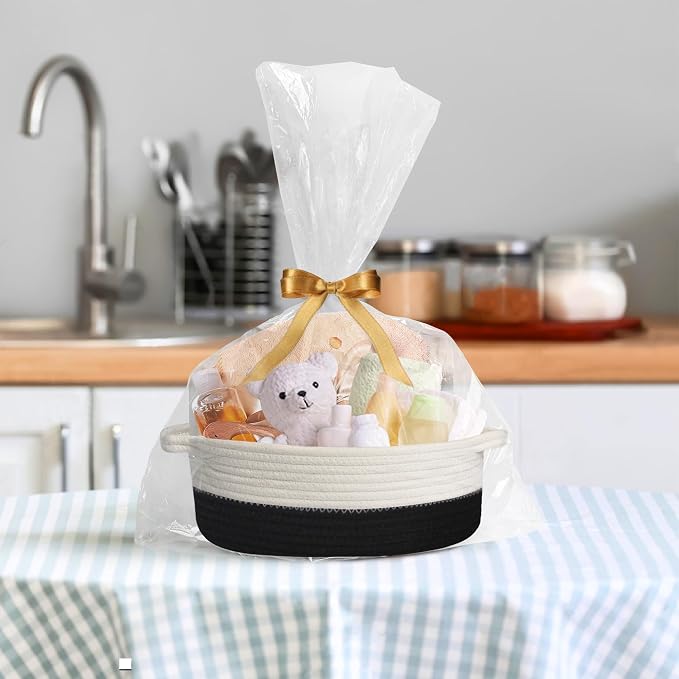 Woven Cotton Rope Gift Basket, Small Baskets for Gifts Empty, Cute Baby Nursery Basket, Pet Toy Storage Bin for Dog Cat, Decorative Wicker Home Organizer with Handles, 12"x 8"x 5", Black