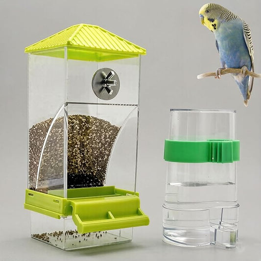 No Mess Bird Feeder for Cage,Automatic Parakeet Feeder with Perch Anti-Splash Bird Food Dispenser for Cage for Parakeet Lovebirds Cockatoo Budgie (Green)