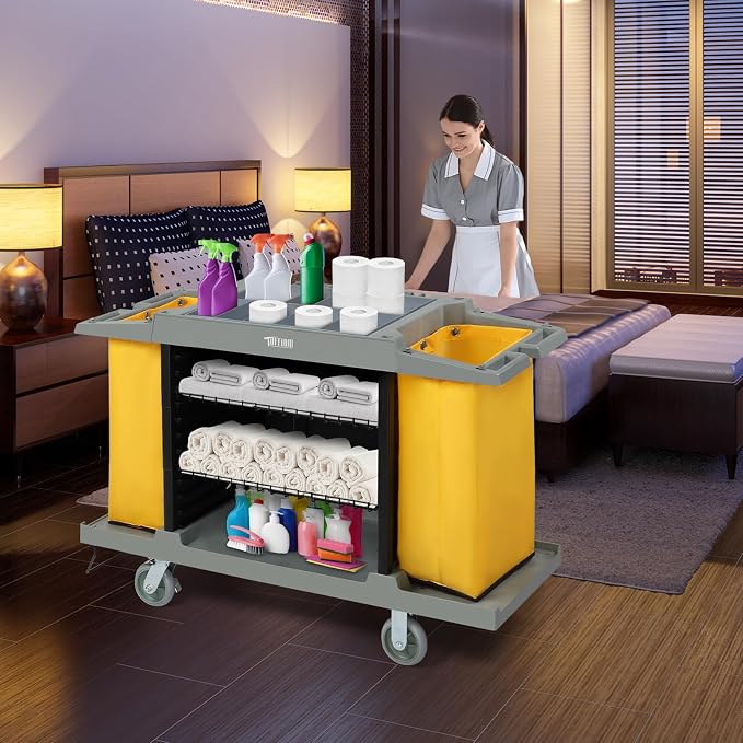 TUFFIOM Industrial Multifunctional Hotel Cart,Commercial Traditional Cleaning Janitorial Room Service Housekeeping Cart, 39" H x 58" W x 21" D,Grey