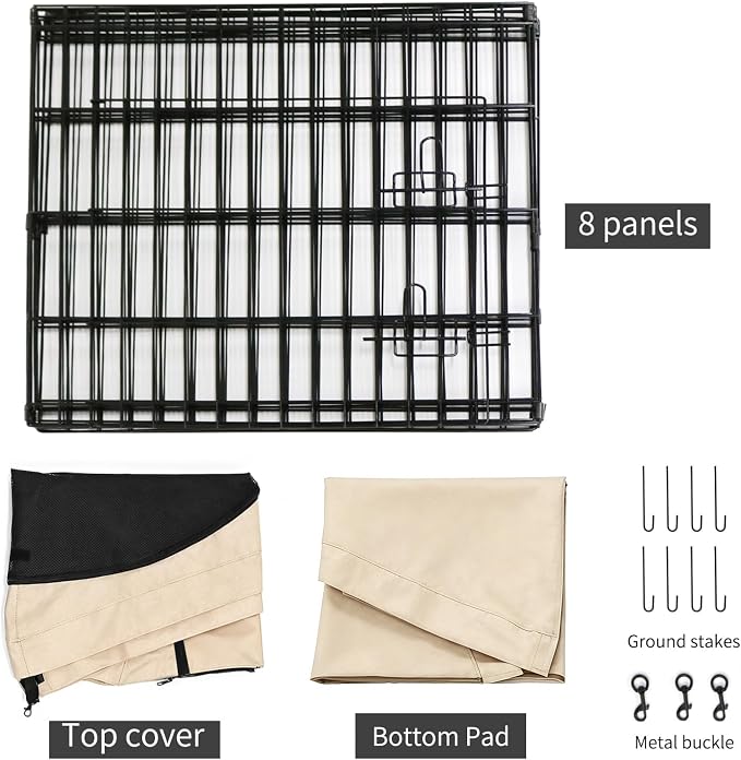PETIME Foldable Metal Dog Exercise Pen/Pet Puppy Playpen Kennels Yard Fence Indoor/Outdoor 8 Panel 24" W x 30" H with Top Cover and Bottom Pad