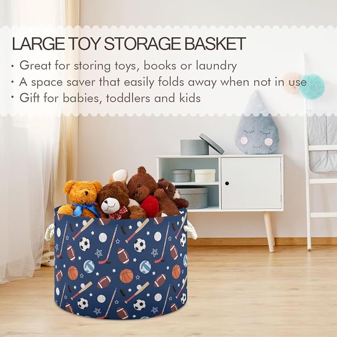 Sport Ball Print Collapsible Round Storage Basket with Handles | Baseball Basketball Large Laundry Baskets Hamper, Organizer Bin for Nursery Bedroom Living Room Decor, 20x 20x 14 Inches