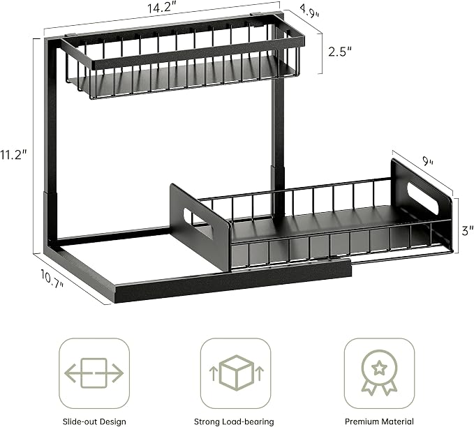 Under Kitchen Sink Organizer 2 Tier, Pull Out Bathroom Sink Organizers and Storage, Cabinet Kitchen Bathroom Storage Organization Shelf, 1 Pack Black