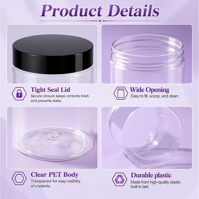 Patelai 60 Pcs Plastic Containers with Lids, Round Leakproof Cosmetic Containers, Multipurpose Storage Jars for Makeup, Lotion, Ointment, Rhinestone Samples, Dry Food and Toiletries (Black,4 oz)