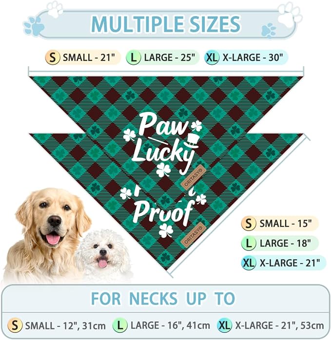 St. Patrick's Day Dog Bandanas, 2-Pack Triangle Reversible Gnomes Pet Scarves, Premium Fabric, Bandana for All Boys Girls Dogs (Paw Lucky, One Size)