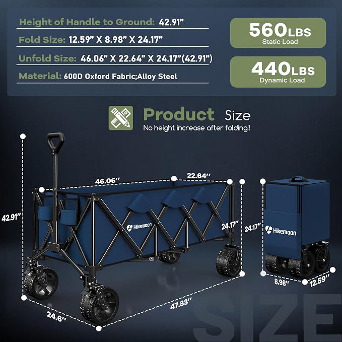 48'' Extra Large Collapsible Wagon with Big Wheels, 300L Blue | 560LBS Heavy Duty, Wagons Carts Foldable, All-Terrain, Brakes, Folding Cart, Utility for Beach/Camping/Garden/Sports/Grocery