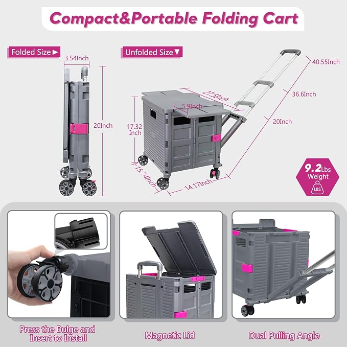 Foldable Utility Cart Rolling Crate Handcart Shopping Cart with Rotate Wheels Extended Magnetic Lid Telescoping Handle Adjustable Angle for Transports Groceries Office Teacher File(Gray)