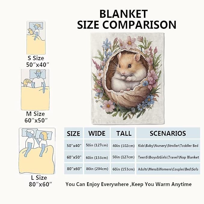 Hamster Blanket,40x50in,Cute Animal in Floral Nest Pastel Flower Throw Blankets,Gifts for Kids Girls Women, Lightweight Soft Fleece Cozy,for Sofa Couch Bed Room Travel Modern Decor