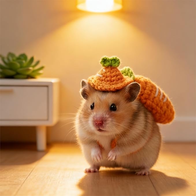 10 Pcs Hamster Costume Set - 3 Mini Party Hats, 4 Backpacks & 3 Vegetable Props | Cute Hand Knitted Pet Clothes Holiday Party Costume Accessories for Small Animals (Hamster, Guinea Pig, Bunny)