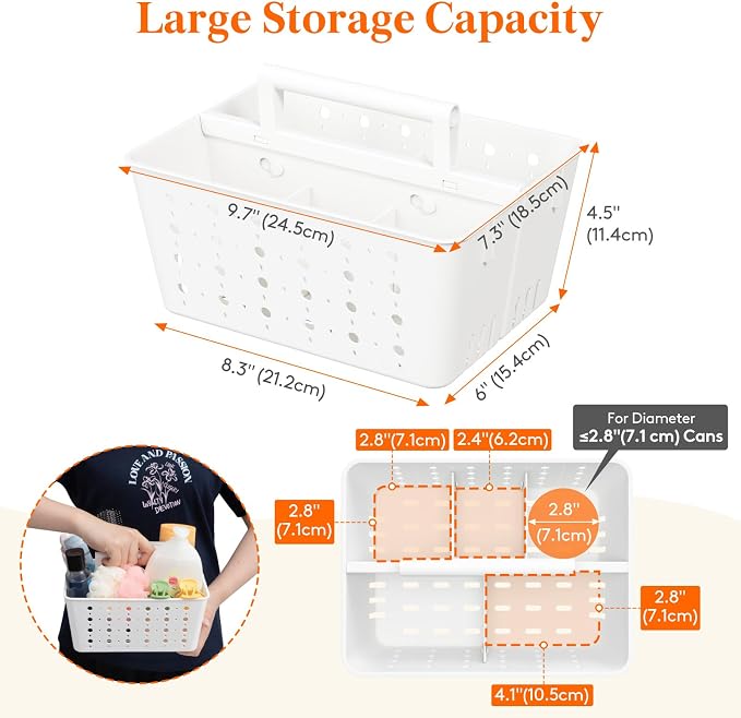 Lifewit Portable Shower Caddy, Plastic Basket Organizer, White, 2 Pack | Adjustable Dividers, Drain Design, College Dorm Room Essentials with Handle, for Bathroom