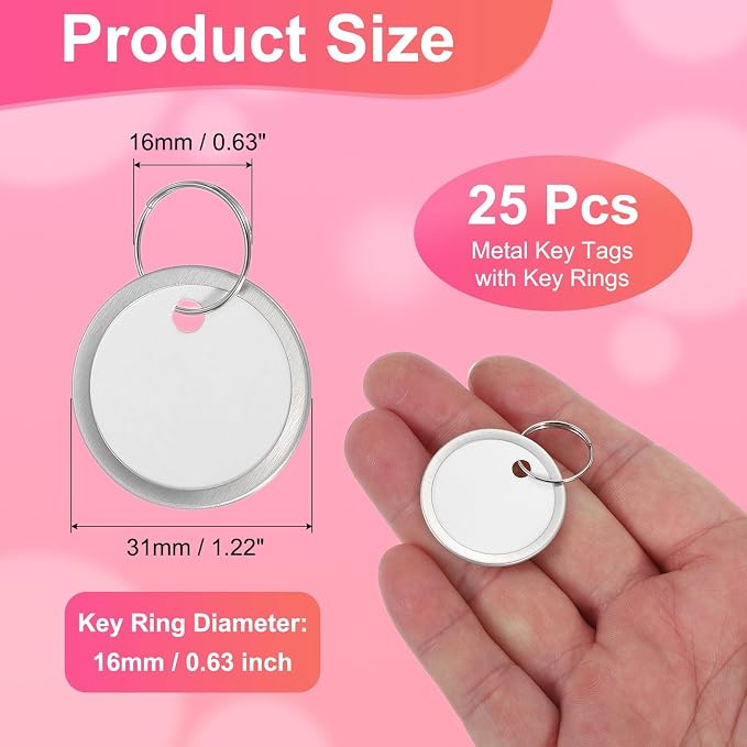 PATIKIL 1.2 Inch Metal Rim Key Tags 25 Pack Blank Round Paper Tags Bulk Writable Keychain Identifiers with Split Rings for Car Door Drawer Key Luggage Pet, White