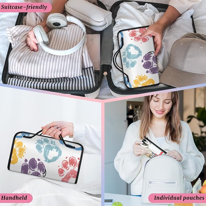 Paw Print Makeup Bag for Women Hanging Roll-Up Travel Organizer Toiletry Kit with 4 Removable Compartments, Paw Print Pet Animal