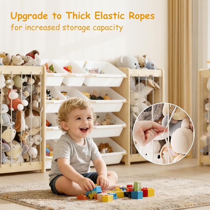 EXPERLAM Large Toy Storage Organizer, Wooden Stuffed Animal Storage & 12-Bins Toy Organizer, Double-Sided Plush Toy Holder Featuring Thicker Ropes, Space Save Playroom Nursery Bedroom Storage, White