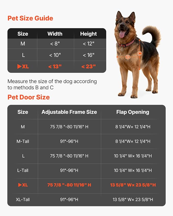 VEVOR Dog Door for Sliding Glass Door, 91 to 96 in Adjustable Height, Aluminum Alloy Frame with Metal Rotating Hinges, Lock Design, 13 5/8 x 23 5/8 in Flap, Sliding Glass Pet Door for Renters | For Large Dogs and Pets, 91 to 96 in Adjustable Height, Al...