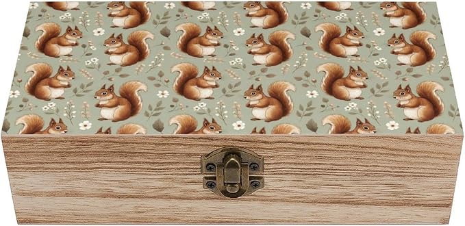 Wooden Keepsake Storage Box Memory Boxes with Hinged Lid, Squirrel Floral | Small Jewelry Craft Organizer Case, Decorative Wood Gift Box, Wedding Party Holiday Supplies, 9.2x5.5x3.9 Inch