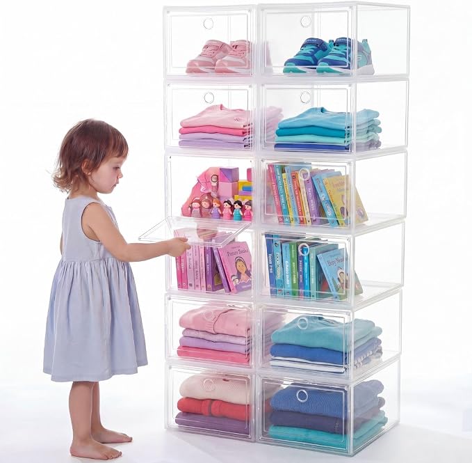 10 Pack Stackable Clear Storage Bins with Front Door 5-sided Transparent Organizer Boxes Plastic Storage Containers for Clothes, Toys, Classroom Supplies, and Home Organization