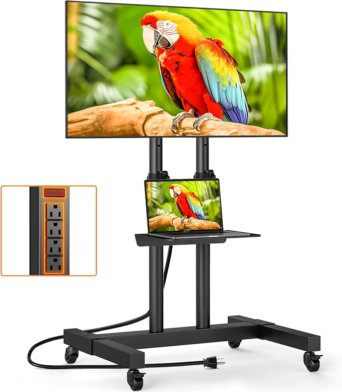 Heavy Duty Rolling TV Stand with Power Outlet for 32-83 Inch TVs | Height Adjustable Mobile TV Cart on Wheels Holds up to 110 lbs, Outdoor TV Stand Trolley, Max VESA 600x400mm