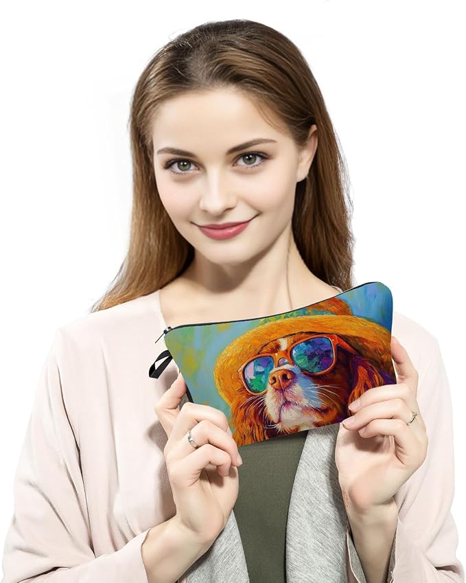 Cavalier King Charles Spaniel Makeup Bag Vintage Oil Painting Style Adorable Dog with Straw Hat & Sunglasses Artistic Cosmetic Pouch for Dog Lovers Gift for Pet Enthusiasts
