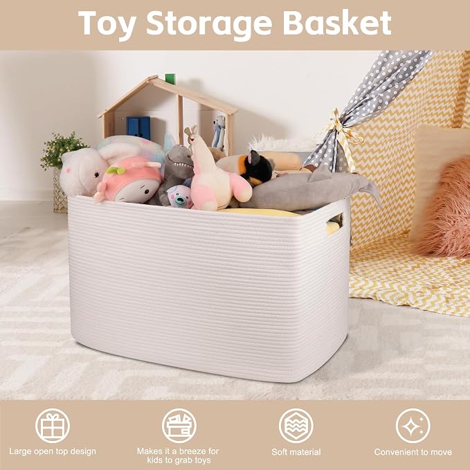 OIAHOMY 118L XXXLarge Rope Storage Basket, Oversized Blanket Basket White | 25" x 17" x 16" Used for Organizing Dirty Clothes in Living Room, Bedroom, Nursery, Extra Large Basket,Dog Toy Storage Bins
