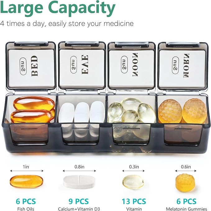 MOLN HYMY Pill Organizer 4 Times a Day, 7 Day Weekly Pill Box with 28 Big Compartments, Portable Travel Medicine Planner for Vitamins, Fish Oils, Supplements (Black, Large)