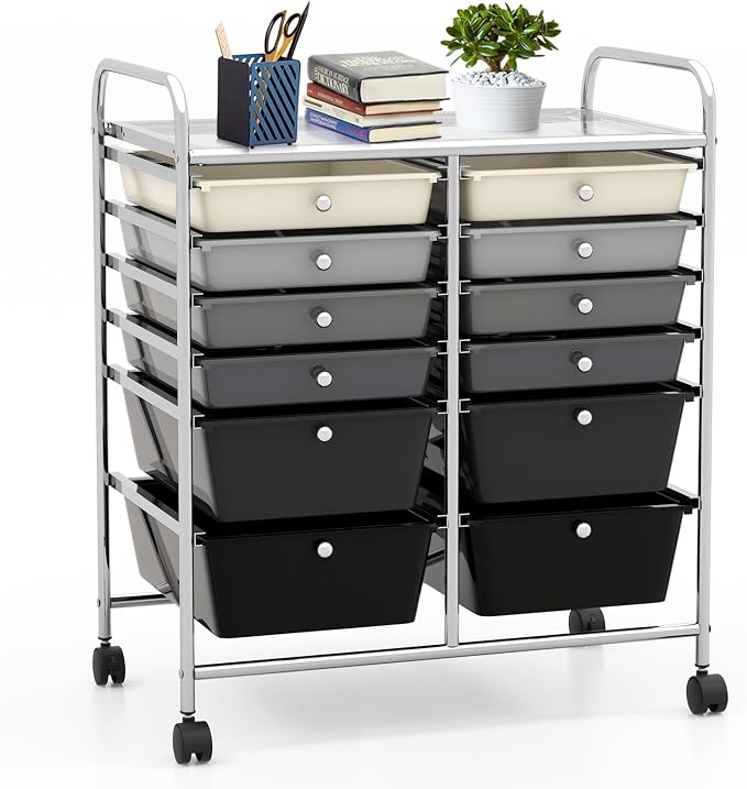 12 Drawer Rolling Storage Cart, Art Cart Organizer on Wheels, Mobile Utility Cart with Drawers, Multipurpose Craft Drawers for Home Office School Classroom (Mixed Black)