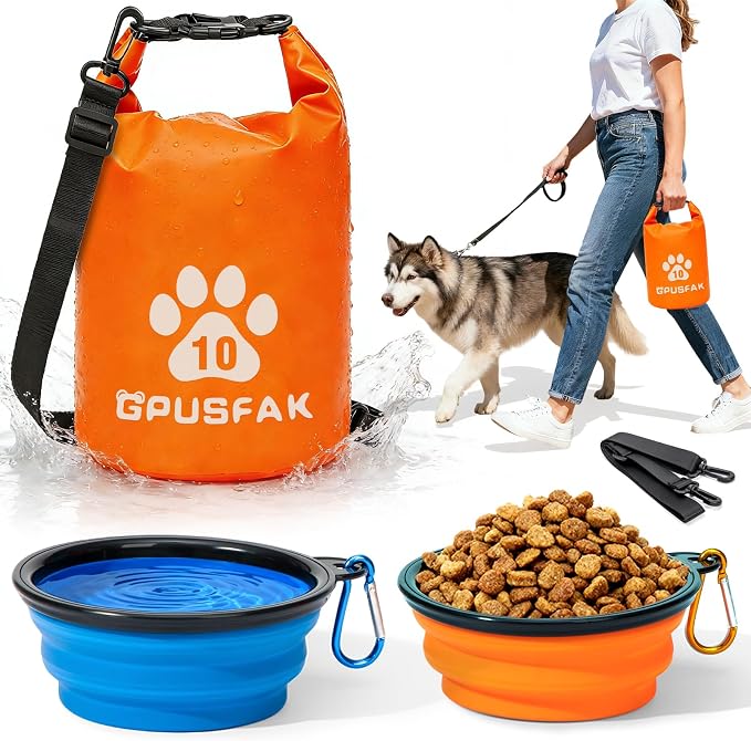 Pet Food Storage Bag with Bowl (64 Cup) - Zip Roll Top Dog Food Travel Bag Waterproof Kibble Container for Camping Road Trips Travel Dog Boarding Weekend Getaways Machine Washable 10L Orange