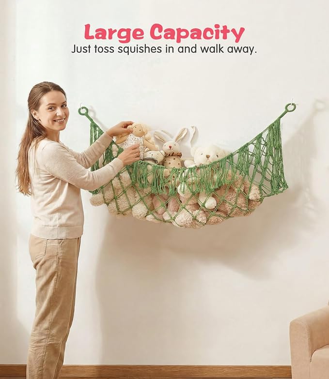 Stuffed Animal Net Hammock, Save Space Eliminate Clutter (Avocado green) | Premium Cotton Hand-knitted plush hammock, Boho Stuffed Animal Storage for Nursery, Bedroom Decor, playrooms