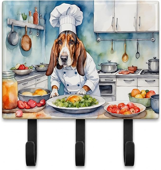 Caroline's Treasures Basset Hound The Chef Leash or Key Holder Wall Hooks, Key Hooks Holder, Coat Rack Wall Mount, Coat Hooks, Hooks for Hanging Keys, Towels, Aprons, Leashes | Basset Hound The Chef artwork on ceramic tile with three steel hooks for ke...