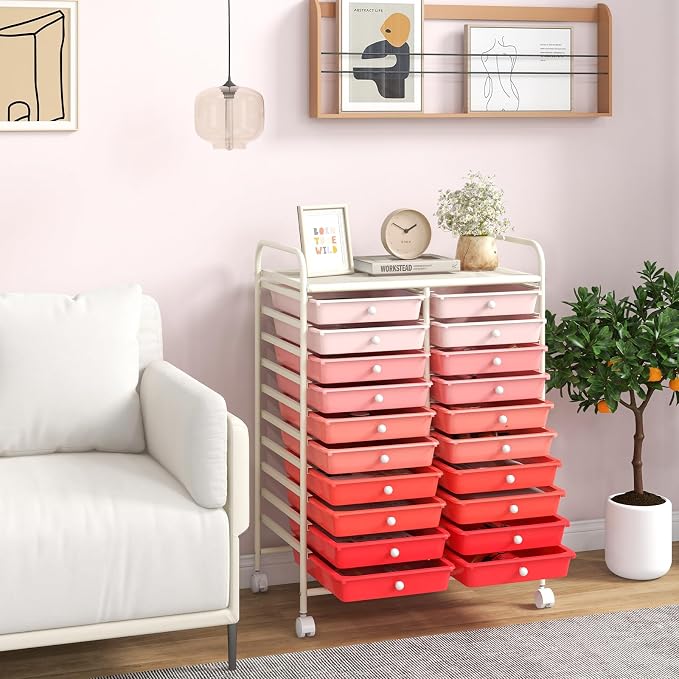 20 Drawer Rolling Storage Cart, Art Cart Organizer with Wheels for Makeup, Tool, Paper, Multipurpose Craft Storage Cart with Drawers for Office, Home, Classroom, School (Gradient Pink)
