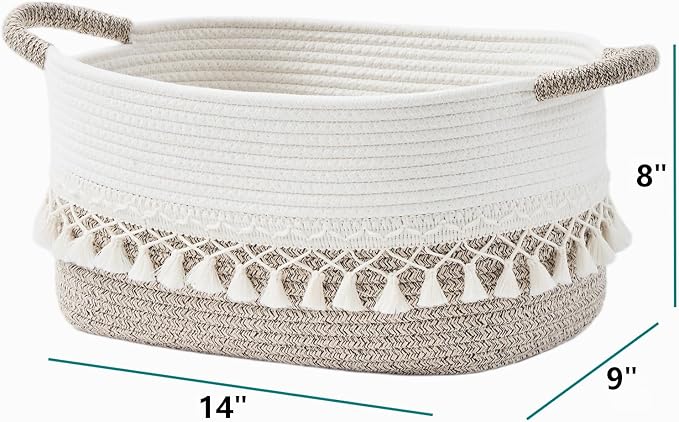 Storage Basket, Woven Baskets for Shelves, White/Beige | 3 Pack Boho Cotton Rope Storage Baskets, 14" x 9" x 8", Home Organizer for Nursery, Holds Toys, Books & Towels